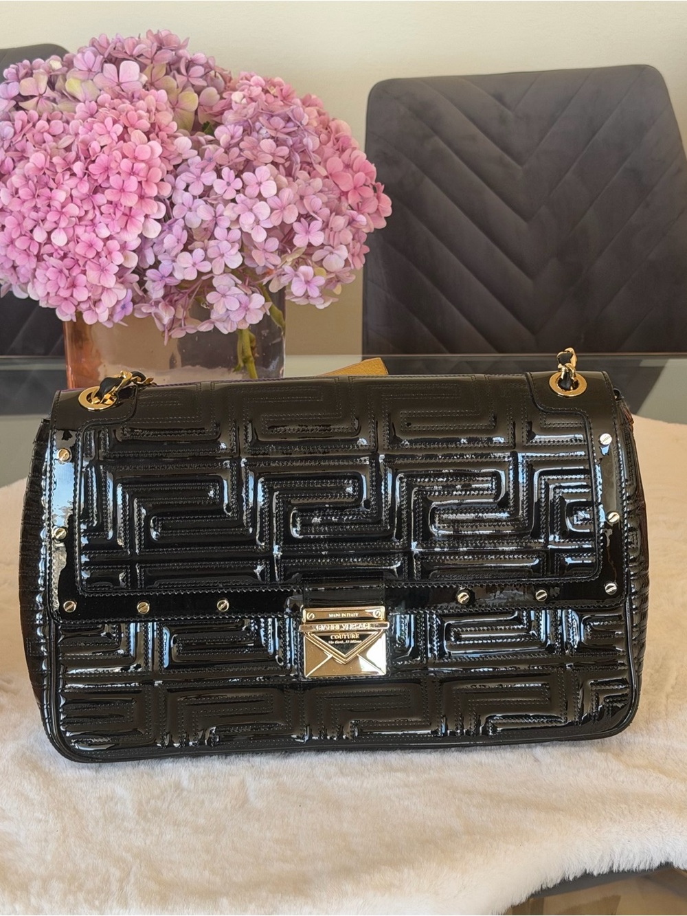 NWT Gianni Versace Couture Greek Key Embossed Patent Leather Flap Bag MSRP $2375